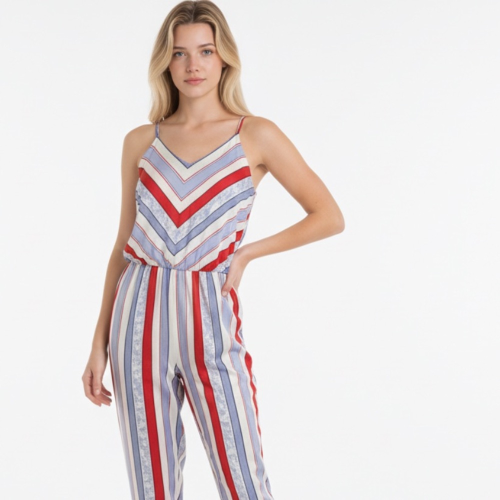 Express Small Red White Blue Striped Jumpsuit Sleeveless Casual Summer Romper